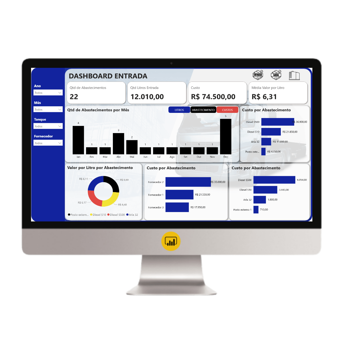 Dashboard em Power BI de Controle de Abastecimento - Diesel S10, S500  e Arla 32