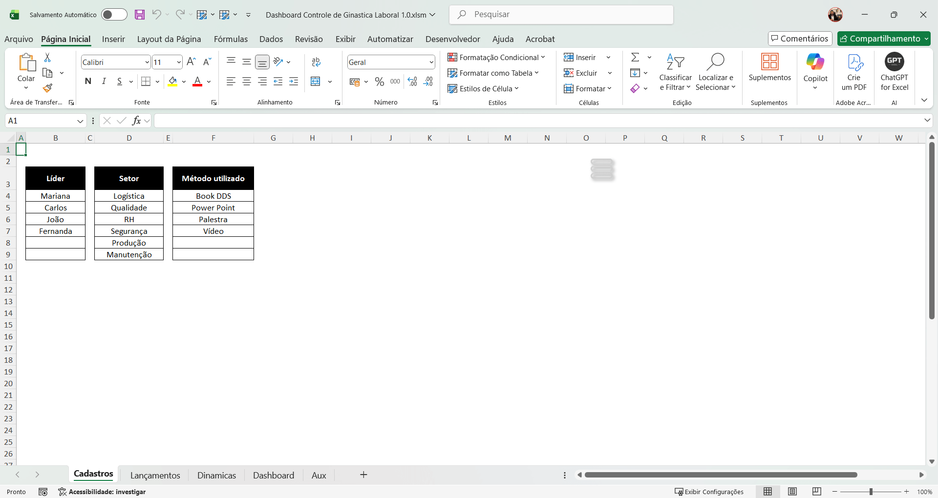 Planilha Dashboard de Ginástica Laboral 1.0 - Imagem 2