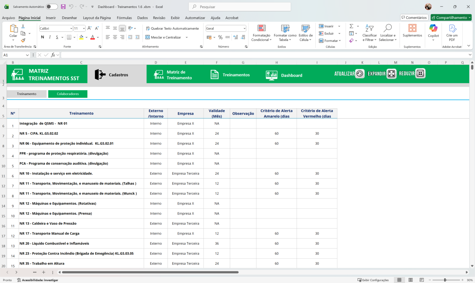 Planilha Dashboard Controle de Treinamentos 1.6 – Loja pacote de planilhas