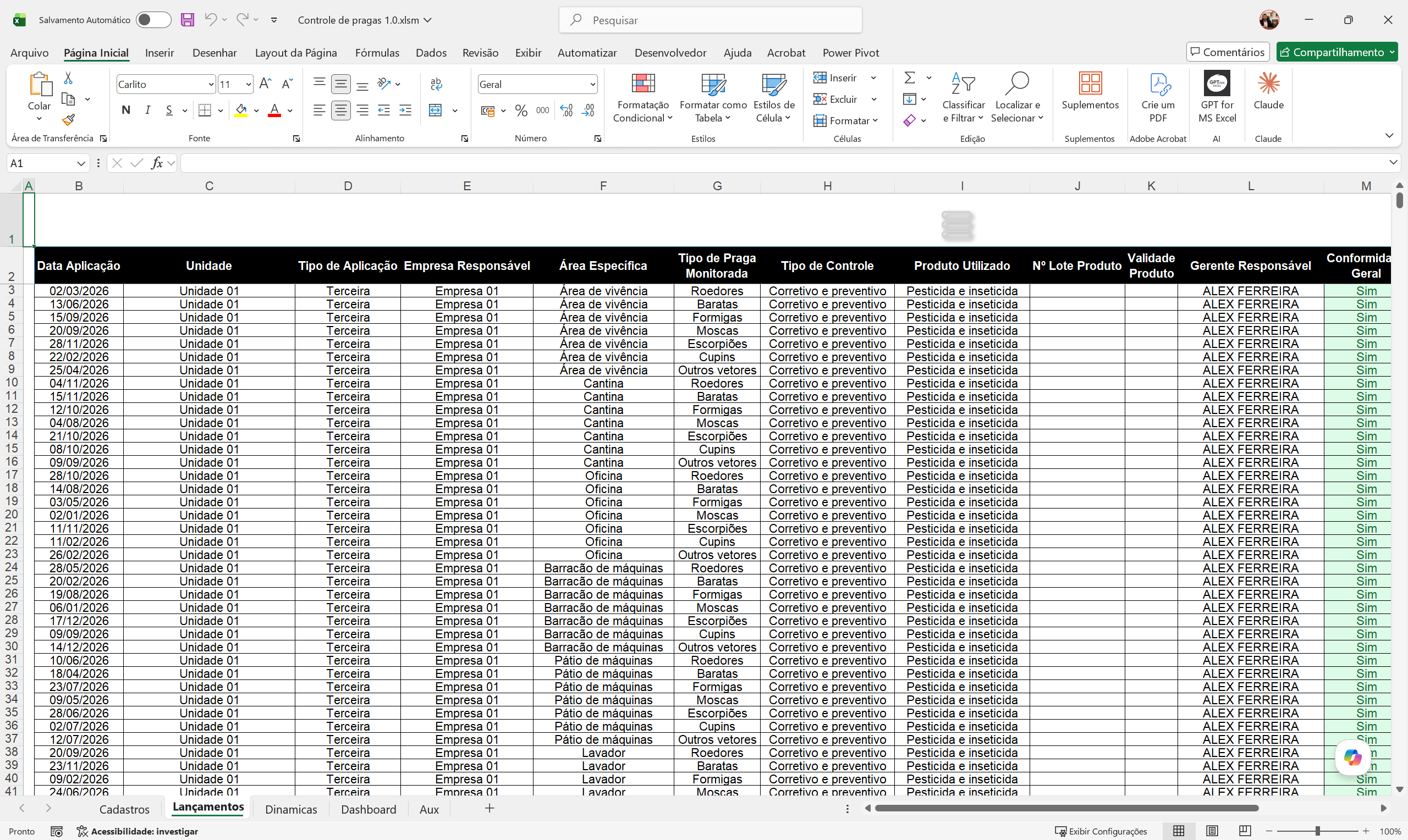 Planilha Dashboard Controle de Pragas em Excel - Imagem 3