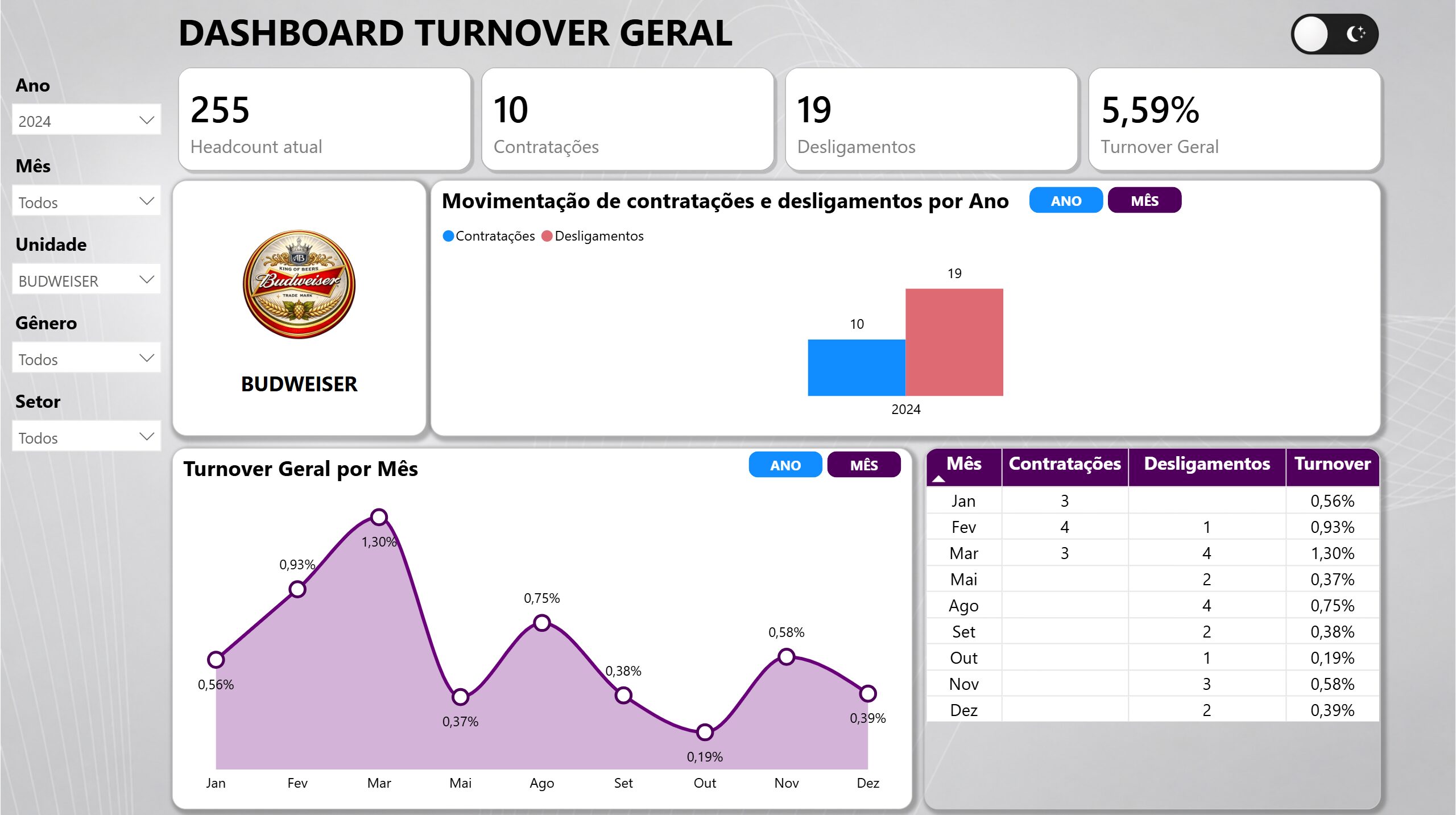 Dashboard em Power BI Turnover Geral 1.1 - Imagem 5