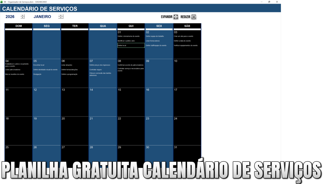 Planilha gratuita de Calendário de Serviços no Excel